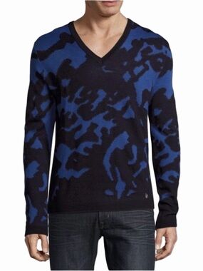 VERSACE Collection Blue Camo Wool Blend V Neck Sweater